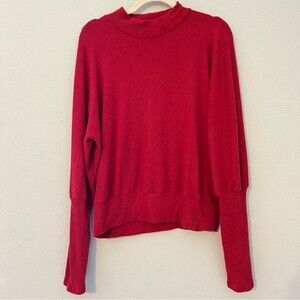Michael Stars Red Ribbed Knit Balloon Sleeve Mock Stretchy Soft Sweater Medium